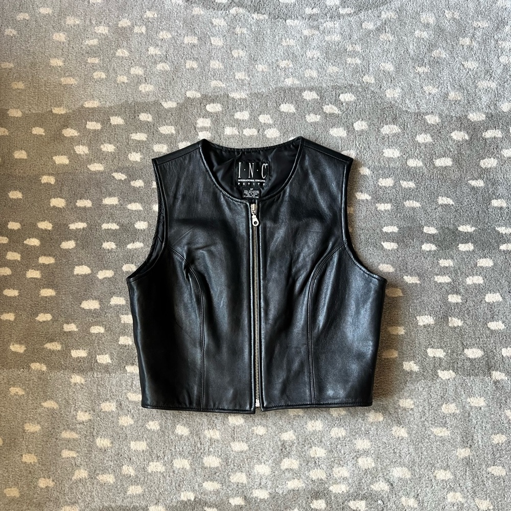 Black 100% Leather Zip-Up Moto Vest, INC International Concepts - Sz 8 Petite - Picture 2 of 13